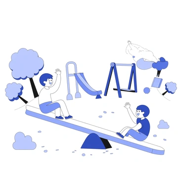 Two children are playing on a seesaw in a playground. One child is sitting on one end of the seesaw, with their arms raised in excitement while the other child is elevated on the opposite end, laughing joyfully. The seesaw is tilted, illustrating the contrast between potential and kinetic energy. Surrounding the seesaw, there are swings and a slide, with trees in the background providing shade. The ground is covered with mulch, and there is a clear blue sky above, emphasizing a playful atmosphere.