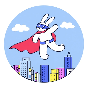 A cartoon illustration of a rabbit dressed as a superhero. The rabbit is wearing a bright red cape and a blue mask. It is soaring through the air above a cityscape filled with tall buildings and colorful rooftops. The sky is clear and blue, creating a vibrant backdrop for the scene. In the distance, a few fluffy white clouds float lazily.