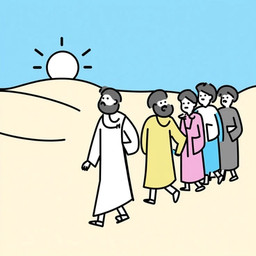 Moses leading a group of people across a vast, sandy desert under a clear blue sky