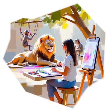An artist with medium skin and long, dark hair is seated on a wooden stool, intently sketching wildlife at the Toronto Zoo. She has an open sketchbook on her lap, and several colored pencils are scattered around her. In the background, a majestic lion rests under the shade of a tree, while a pair of playful monkeys swing from branch to branch nearby. The artist is focused on capturing the details of the lion's mane, with a look of concentration on her face. Sunlight filters through the leaves, creating dappled shadows on the ground.