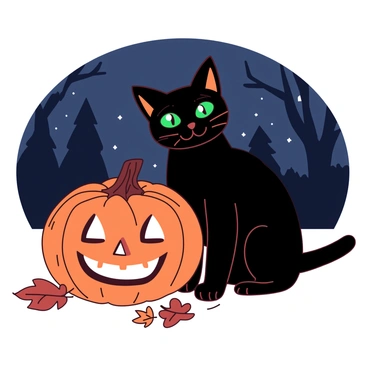 A black cat with bright green eyes is sitting next to a carved orange pumpkin on the ground. The pumpkin features a grinning face with flickering candlelight visible inside. The night sky is dark, scattered with stars, and silhouettes of bare trees can be seen in the background. A few fallen leaves are scattered around the pumpkin, adding to the Halloween atmosphere. The cat is alert, with its ears perked up, and its tail curled beside it.