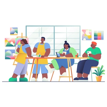 A group of three artists is gathered in a bright studio space filled with large windows that let in natural light. One artist, with curly brown hair and wearing a yellow apron, is standing beside an easel displaying a colorful painting. They are discussing the artwork with another artist, who has straight black hair tied in a bun and is wearing a blue smock. The third artist, with short red hair and wearing a green T-shirt, is sitting on a stool, sketching notes in a notebook. Various art supplies, such as paintbrushes, palettes, and canvases, are scattered across a large wooden table in the center. The walls are adorned with various completed artworks in vibrant colors. A potted plant sits in the corner, adding a touch of greenery to the space.