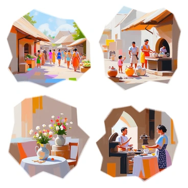 A series of four vignettes, each portraying daily life from a distinct historical era. The first scene illustrates a bustling marketplace in ancient Rome, with vendors selling fruits, vegetables, and pottery. Roman citizens in tunics are engaging in lively conversations, and a centurion can be seen patrolling the area.

The second scene depicts a medieval village, showing thatched-roof cottages and villagers tending to their gardens. A group of children plays with wooden toys in the dirt, while a blacksmith works at his forge, surrounded by tools and horseshoes.

The third scene captures a Victorian parlor, furnished with elegant furniture and intricate wallpaper. A woman in a long dress is serving tea, while a gentleman reads a newspaper by the fireplace. A decorative vase with fresh flowers sits on a table, adding color to the room.

The fourth scene shows a mid-20th century kitchen, where a woman in a polka-dot dress prepares dinner at a vintage stove.