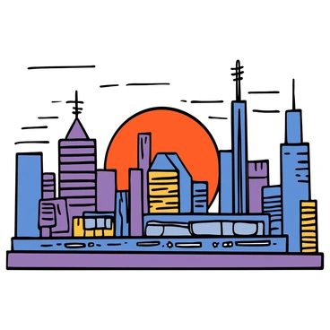 A bustling city skyline with various building shapes silhouetted against a sunset sky. The skyline features tall skyscrapers, shorter buildings, and unique architectural designs. The sun is setting in the background, casting warm shades of orange, pink, and purple in the sky. There are lines indicating the rooftops with antennas and decorative elements. The scene is filled with a sense of activity, suggesting the presence of people and vehicles.
