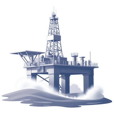 An offshore oil rig with workers monitoring machinery while waves crash below.