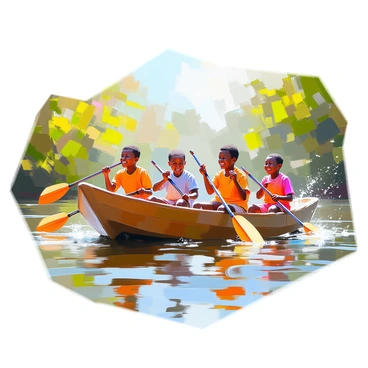 A group of children with diverse skin tones and bright clothing are joyfully paddling a makeshift wooden boat on the Congo River. The boat is crafted from local materials, showing signs of wear and creativity. The water is rippling around the boat as the children enthusiastically use paddles, splashing water playfully. Lush green vegetation lines the riverbanks, and the sunlight filters through the trees, casting dappled shadows on the surface of the water. The children are laughing and shouting, embodying a sense of adventure and freedom.