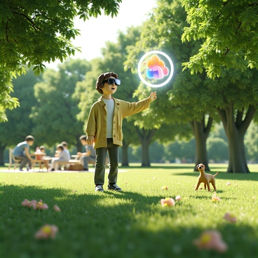 A person wearing augmented reality glasses interacting with virtual objects in a park