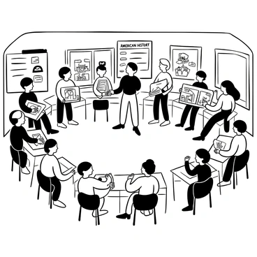 A classroom scene filled with students standing at their desks, each presenting illustrated projects related to "American history." The projects feature various historical themes, with colorful illustrations of famous figures, landmarks, and events. Some students are using props and visual aids to enhance their presentations. Desks are arranged in a U-shape, creating an open space in the center, where one student is actively engaged with the audience. The walls of the classroom are adorned with educational posters and timelines about American history, adding to the atmosphere of learning and creativity.