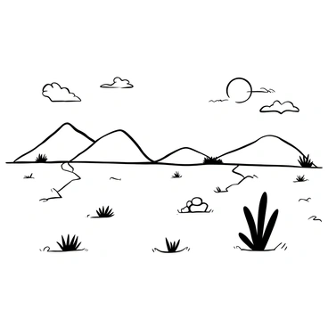 Sparse patches of grass scattered across a dry, cracked desert floor. Distant sand dunes rise in the background, their sharp contours defined by shadows. A few small rocks are placed randomly among the grass, adding to the arid landscape. The sky stretches overhead, filled with wispy clouds hinting at an impending drought. The overall scene reflects the harshness of the desert, emphasizing the resilience of the grass amidst the challenging environment.