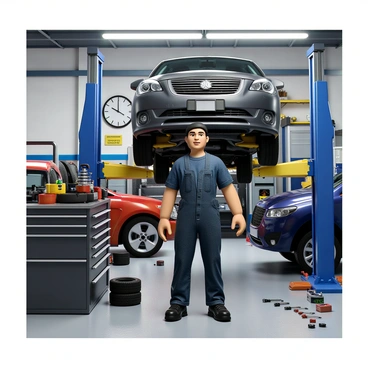 A mechanic working under a car in a busy garage, with tools and spare parts around
