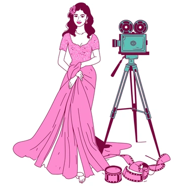 A pink retro Bollywood actress is posed elegantly in a classic lehenga, adorned with intricate floral patterns and shimmering sequins. Her hair is styled in vintage waves, featuring a decorative hairpiece that adds to her charm. She has a radiant smile, embodying the glamour of classic cinema. In the background, a teal film camera stands tall on a vintage tripod, capturing the scene, with film reels scattered nearby. The lighting highlights the actress's vibrant colors and the camera’s metallic sheen, creating a captivating composition.