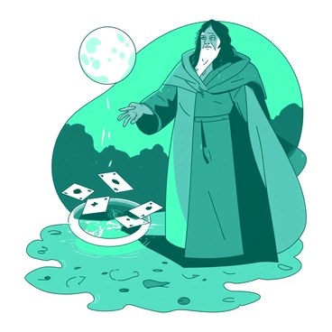 A teal sorcerer with a long flowing robe is standing on a rocky surface under a full moon. The sorcerer has a focused expression, with one hand raised toward the sky and the other hand gesturing toward a circle of playing cards hovering in front of him. The cards are glowing with a warm light, illuminating his face and creating a mystical atmosphere. The moonlight casts shadows on the ground, highlighting the details of the sorcerer's robe and the shimmering cards.