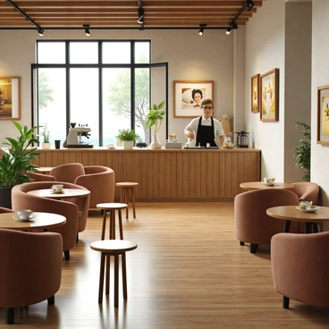 A cozy coffee shop interior with warm wooden furniture and soft lighting. The walls are adorned with various pieces of local art, showcasing a mix of colorful paintings and framed photographs. There are small round tables scattered throughout the space, each with a steaming cup of coffee and pastries on them. A barista stands behind the counter, preparing drinks with a sleek espresso machine. Soft armchairs are placed near a large window, allowing natural light to filter in, creating an inviting atmosphere.