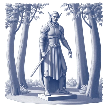 An ancient statue of an elven warrior stands among the trees. The statue is intricately carved, showcasing detailed features including pointed ears and elegant armor. Lush foliage surrounds the statue, with tall trees creating a natural frame. Sunlight filters through the leaves, casting dappled shadows on the ground around the statue. The warrior is posed with one hand resting on a sheathed sword, exuding a sense of strength while being a part of the tranquil environment.