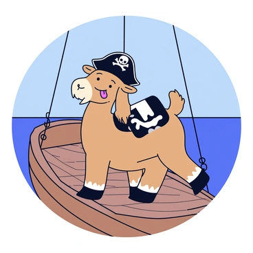 A goat with a light brown coat is dressed in a classic pirate outfit, complete with a black hat adorned with a skull and crossbones. The goat stands confidently on the wooden deck of a ship, with its hooves positioned firmly. The ship features a weathered wooden texture, and ropes hang in the background. The goat has a playful expression, with its tongue sticking out slightly, adding to its mischievous demeanor. A backdrop of a calm sea and a clear blue sky surrounds the ship.