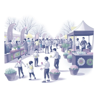 A vibrant spring festival scene filled with people engaged in various activities. In the foreground, a group of children is playing games among colorful flower-themed decorations, including garlands and banners shaped like blossoms. Nearby, adults are mingling, some holding refreshing drinks and others admiring the intricate flower arrangements displayed in baskets. A lively performance area features musicians playing instruments, attracting a crowd of spectators who are clapping and dancing. Stalls selling handcrafted items and local produce line the pathway, decorated with potted plants and floral motifs. The atmosphere is filled with joy and celebration.