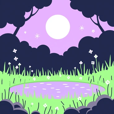A moonlit night casts soft light over a peaceful pond. The pond reflects the silvery glow of the moon, surrounded by tall grasses and delicate flowers along its edges. Fireflies are dancing in the air, leaving trails of light as they flit about. In the background, dark silhouettes of trees frame the scene, their leaves rustling gently in the night breeze. The atmosphere is tranquil, inviting a sense of calm and wonder.
