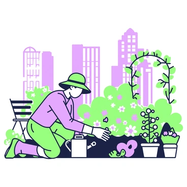 An outsider is tending to a lush garden situated on a city rooftop. The garden is filled with an array of vibrant plants, including flowering shrubs and leafy greens. The individual is wearing a wide-brimmed hat and gardening gloves, kneeling beside a patch of colorful flowers. In one hand, they hold a watering can, while the other hand is gently pruning a plant. Skyscrapers can be seen in the background, framing the rooftop garden with their tall structures. A small wooden bench is placed in one corner of the garden, surrounded by pots of herbs. Additionally, a trellis covered with climbing vines adds depth to the scene.