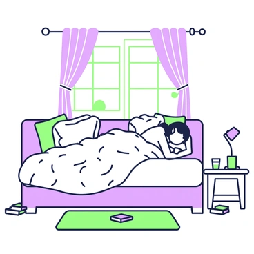 A cozy bedroom features a large bed with rumpled sheets. On the bed, a person is comfortably napping, lying on their side with one arm tucked under their head. The bedding has a soft texture, and there are several plush pillows arranged behind the person. A bedside table holds a small lamp and a glass of water. The room is filled with soft light coming from a nearby window, which is dressed with light curtains that flutter slightly. A colorful rug is placed on the floor, and a few books are scattered around the room.