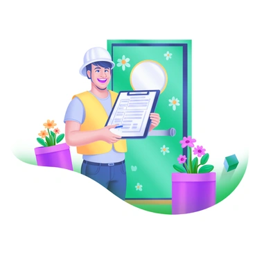A friendly surveyor is standing in front of a colorful door, smiling warmly. The surveyor is wearing a bright yellow safety vest and holding a clipboard filled with survey forms. The door is painted in a vibrant shade of teal, adorned with cheerful floral patterns. Potted plants with colorful flowers are placed on either side of the door, adding to the inviting atmosphere. The scene conveys a sense of approachability and friendliness.