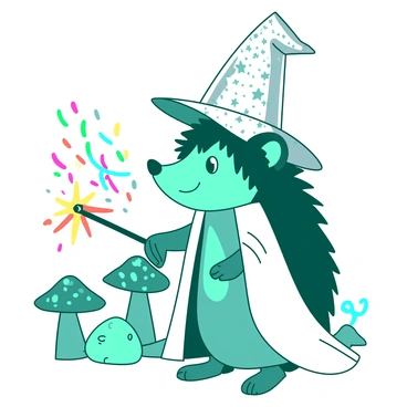 A teal hedgehog is dressed in a sparkling silver wizard hat and a flowing white robe adorned with stars. The hedgehog is standing on its hind legs, holding a tiny wand in its front paws, with a look of concentration on its face. Colorful magical sparks are emanating from the tip of the wand, illuminating the surroundings with small bursts of light. In the background, there are whimsical mushrooms and shimmering stars, creating an enchanting scene.