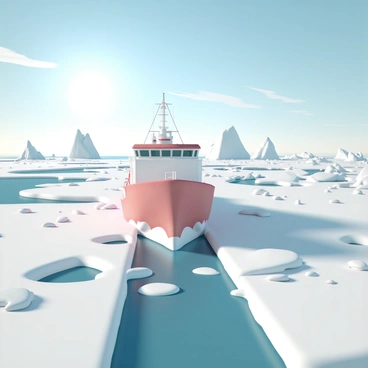An icebreaker ship, with a strong, reinforced hull painted in bright red, is navigating through a dense field of polar ice. The ship's bow is pointed forward, powerfully cutting through the thick ice, leaving a wide open channel behind it. Around the ship, large chunks of ice are broken apart, some floating in the frigid blue water. The sky above is clear with a few wispy clouds, and the sun casts a bright light, illuminating the icy landscape. In the distance, more icebergs rise sharply from the water, creating an expansive, rugged polar environment.