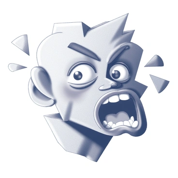 A face composed of various geometric shapes and distorted features. The eyes are wide and expressive, conveying a sense of urgency or intensity. The mouth is open, showcasing an exaggerated expression of emotion. Surrounding the face are abstract forms that enhance the feeling, such as swirling patterns or sharp angles. The overall composition emphasizes the emotional disturbance indicated by the facial features.