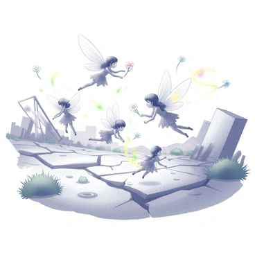 A group of fairies with delicate wings is flying through a desolate landscape. The ground is cracked and dry, scattered with remnants of a once-thriving environment. In the background, there are toppled buildings and twisted metal, remnants of a lost civilization. The fairies are engaged in activities that spread vibrant flowers and lush greenery across the barren land. Some fairies are gently landing on the ground while others are swirling in the air, leaving trails of life behind them. The atmosphere is filled with a sense of newfound hope as the fairies work together to restore the beauty of their surroundings.