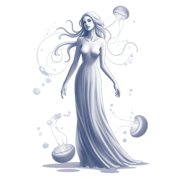 A figure resembling Medusa stands tall, with a flowing gown that mimics the graceful drape of jellyfish tentacles. Her hair is composed of delicate tendrils that resemble translucent jellyfish, each one undulating gently. The face is serene, yet powerful, with striking eyes that draw attention. Around her, abstract shapes reminiscent of underwater formations swirl, adding depth to the scene. Light seems to refract through the tentacles, creating intricate patterns across the ground. The overall composition evokes a sense of ethereal beauty and mystery.