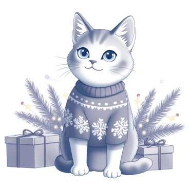 A ragdoll cat sitting upright, wearing a festive outfit that includes a small holiday-themed sweater with intricate patterns. The cat's bright blue eyes are wide open, giving it an alert expression. Surrounding the cat are various holiday decorations, including pine branches adorned with small ornaments and twinkling lights. There are several colorful wrapped gifts with bows, placed neatly around the cat, creating a cheerful and inviting atmosphere.