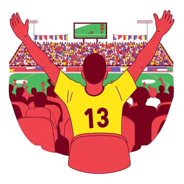 A red figure, representing Duterte, is sitting in the stands at a local sports event, surrounded by a diverse crowd of spectators. He is wearing a yellow sports jersey with the number printed on the back. With a wide smile on his face, he is raising both arms in the air, cheering enthusiastically for the team on the field. The stands are filled with fans wearing various team colors, and colorful banners are hanging around, adding to the vibrant atmosphere of the event. A large scoreboard is visible in the background, displaying the score of the game.