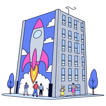 A large mural depicting a rocket is painted on the side of an urban building. The rocket is colorful, featuring bright red and orange flames at its base, with a sleek silver body that extends upwards. The background of the mural shows a blue sky with fluffy white clouds, enhancing the sense of height. The urban building has a textured gray exterior, contrasting with the vibrant colors of the mural. The setting includes some nearby trees and a few people walking by, admiring the artwork.