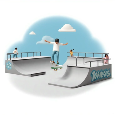A skateboarder, wearing a black helmet, a white t-shirt, and blue jeans, is performing a trick high in the air. The skateboarder is mid-jump, with one leg extended and the skateboard tilted slightly. The urban skate park features concrete ramps, graffiti-covered walls, and metal rails in the background. Spectators can be seen at the sides, some clapping and cheering, while a vibrant blue sky and a few fluffy clouds are visible above.