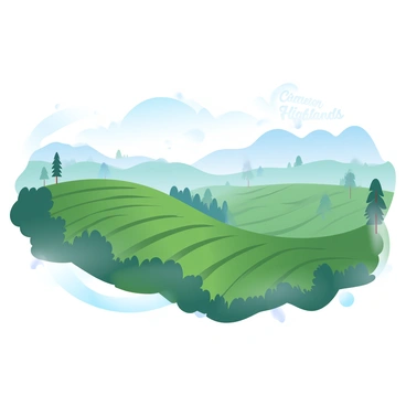 Rolling hills of a tea plantation stretch across the landscape, with lush green tea bushes meticulously arranged in rows. A thick layer of mist blankets the hills, partially obscuring the vibrant foliage and creating a dreamy atmosphere. The misty backdrop gives a soft, blurred effect to the distant hills, enhancing the depth of the scene. A few scattered tall trees can be seen peeking through the fog, adding contrast to the greenery. "Cameron Highlands" is subtly integrated into the scene, suggesting the location.