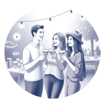 A group of three friends standing together, each holding a cocktail glass filled with a cashew-infused drink. The glasses are raised in a toast, and the friends are smiling at each other. One friend has short hair and is wearing a white shirt, another has long hair and is dressed in a casual patterned top, while the third friend has a hat on and is in a solid-colored shirt. In the background, there are outdoor decorations such as string lights and a table set up with snacks and drinks, creating a festive atmosphere. Soft shadows are cast on the ground from the warm sunlight filtering through nearby trees.