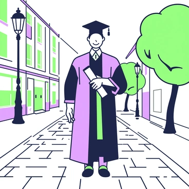 A vintage scene of a graduate in old-fashioned attire and cap on a cobblestone street