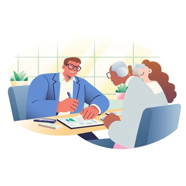 A financial advisor with short brown hair and glasses is seated at a wooden desk in a sunny office. He is wearing a blue blazer and a white shirt, holding a pen in his right hand while pointing to a financial report on the table. Across from him, a middle-aged couple is engaged in the discussion; the man has salt-and-pepper hair and is wearing a light gray sweater, while the woman has long, wavy brown hair and is dressed in a white blouse. Sunlight streams through large windows, illuminating potted plants on the windowsill and casting soft shadows across the room. A laptop and a calculator are visible on the desk, along with a notebook filled with handwritten notes.