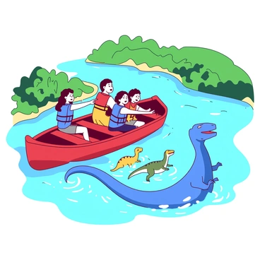 A red boat with several adventurers is navigating a winding river. The adventurers are wearing colorful life jackets and are excitedly pointing at the swimming dinosaurs. The riverbanks are lush with green vegetation, and the water sparkles in the sunlight. In the water, a large blue dinosaur is gracefully swimming alongside the boat, while smaller yellow dinosaurs splash playfully nearby. The scene captures a sense of adventure and discovery as the adventurers interact with the dinosaurs in their natural habitat.