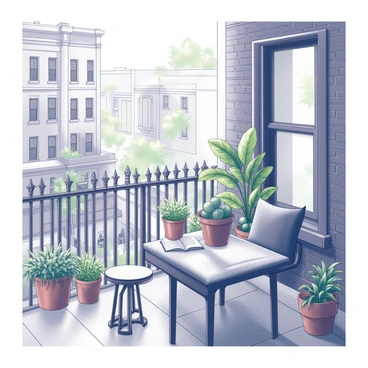 A brownstone balcony with ornate iron railings is set against a traditional brick facade. The balcony is adorned with various green plants in terracotta pots, adding life to the space. A cozy reading nook is arranged with a comfortable chair and a small side table, inviting relaxation. The balcony overlooks a bustling street below, framed by the details of neighboring buildings. Natural sunlight filters through the greenery, creating a warm atmosphere.