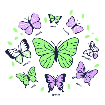 An illustrated page from a field guide features various species of butterflies displayed in a structured layout. In the center, there is a large butterfly with intricate wing patterns. Surrounding it are smaller butterflies, each labeled with "species name" beneath them. The butterflies exhibit different wing shapes and sizes, with a harmonious arrangement that highlights their diversity. Each butterfly is drawn with attention to detail, showcasing the unique designs on their wings. The background includes simple leaf outlines, providing context to their natural habitat.