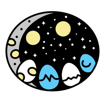A collection of "Easter eggs" decorated with intricate "moon" and "star" motifs. The eggs are arranged in a crescent shape, showcasing various colors like blue, gold, and silver. The background features a "dark sky" filled with tiny white dots representing distant stars, enhancing the celestial theme. The moon is visible, softly glowing, and casting a faint light on the eggs. Each egg has a unique design, with some having larger moons and scattered stars while others are more abstract, creating a harmonious and visually appealing display.