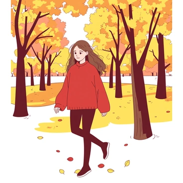 A girl with long brown hair is walking through a park covered in golden autumn leaves. She is wearing a cozy red sweater that contrasts beautifully with the golden leaves on the ground. The park is filled with trees, their branches adorned with vibrant leaves in various shades of yellow and orange. Sunlight filters through the branches, casting soft shadows on the ground. The girl is gazing ahead, enjoying the peaceful atmosphere of the park.
