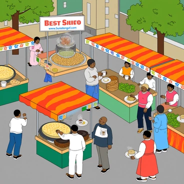 A vibrant street scene featuring multiple food stalls in Bangalore. Each stall has a colorful awning, showcasing various local delicacies. Vendors are cheerfully interacting with customers, some preparing food, while others serve tasty dishes. One stall has a large pot of steaming dosas cooking on a hot griddle, while another displays fresh green chutney and crispy papad. Nearby, a vendor is pouring hot chai into small cups, creating a swirling motion. The area is bustling with people, some holding plates of food, all surrounded by bright banners and lively decorations. The background includes trees and buildings typical of Bangalore, adding to the dynamic atmosphere.