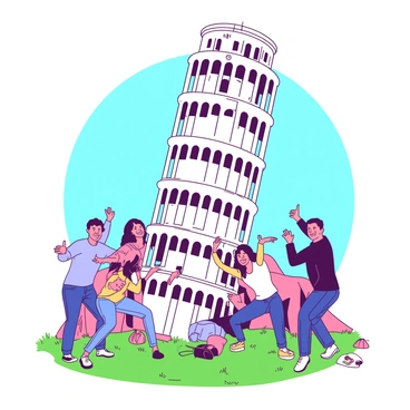 A white Leaning Tower of Pisa stands prominently against a clear blue sky. In front of the tower, a group of tourists is gathered, playfully posing as if they are holding the tower upright. Each tourist exhibits different expressions of amusement and excitement, with some stretching their arms high while others crouch low, pretending to push against the tower's slanted base. The grass beneath their feet is vibrant and green, and a few colorful bags are scattered around, adding to the lively atmosphere.