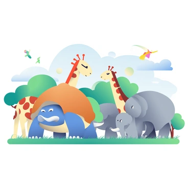 A large Blastoise with blue skin and a sturdy shell is standing on a grassy plain, looking determined as it embarks on a safari adventure. It has its cannons prominently displayed on its back, and its eyes are focused ahead. Surrounding Blastoise is a diverse array of wildlife, including a tall giraffe with a long neck and spotted fur, a herd of elephants with large ears and trunks, and a flock of colorful birds flying overhead. In the background, there are lush green trees and a clear blue sky, creating a vivid scene of nature and exploration.