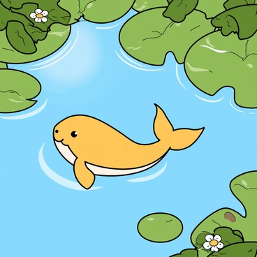 A cheerful tadpole with a round body and a long tail is swimming gracefully in a clear pond. The water is a bright blue, allowing for a clear view of the tadpole's movements. Surrounding the pond are large green lily pads, some floating on the surface and others partially submerged. The lily pads vary in size, with a few featuring delicate white flowers blooming on top. Sunlight filters through the leaves of nearby trees, casting soft reflections on the water's surface.