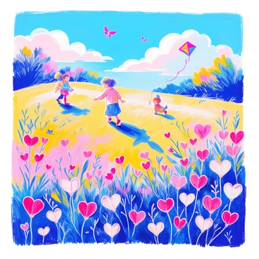 A spring landscape features a wide expanse of lush green grass under a bright blue sky dotted with fluffy white clouds. In the foreground, a patch of vibrant "bleeding heart flowers" blooms, showcasing their heart-shaped blossoms in shades of pink and white. Children are playing joyfully nearby; one child is happily chasing a butterfly, while another is kneeling down, examining the flowers closely. A third child is flying a colorful kite that flutters in the gentle breeze. The warm sunlight bathes the scene, enhancing the vibrant colors of the flowers and the children's clothing.