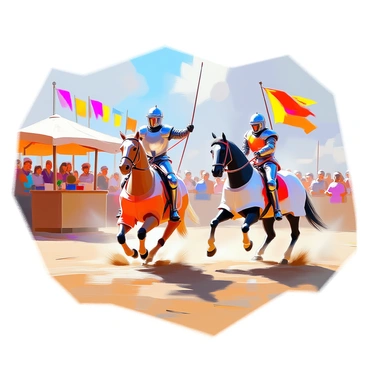 Two knights in shining armor are engaged in a jousting match within a lively tournament arena. One knight, adorned in blue and silver armor, is charging forward on a powerful chestnut horse, a lance held high, ready to strike. The other knight, clad in red and gold armor, is bracing for impact on a sleek black stallion, their lance aimed directly at their opponent. Spectators dressed in colorful medieval attire are gathered in the background, some cheering and waving banners, while wooden stalls display various tournament-related items. The arena is surrounded by vibrant flags flapping in the breeze, adding to the festive atmosphere.