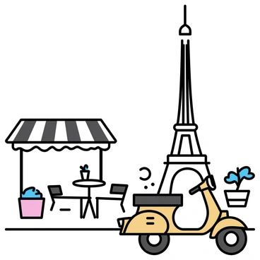 An orange moped parked by a Parisian cafe, with the Eiffel Tower in the background