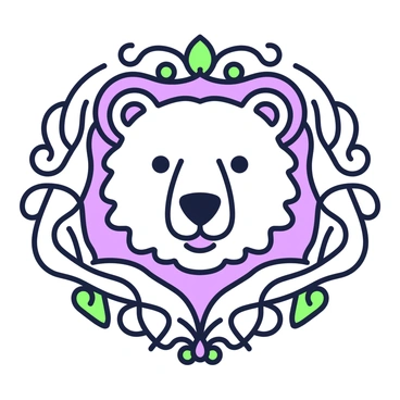 A bear's head is centered in the composition, showcasing intricate line work that outlines its features. The bear has a strong expression, with sharp eyes and a pronounced snout. Around the head, various ornamental patterns weave in and out, enhancing the design with elaborate details. The lines vary in thickness, creating a dynamic and textured appearance throughout the image. The overall design is bold and eye-catching, making the bear's head the focal point of the artwork.